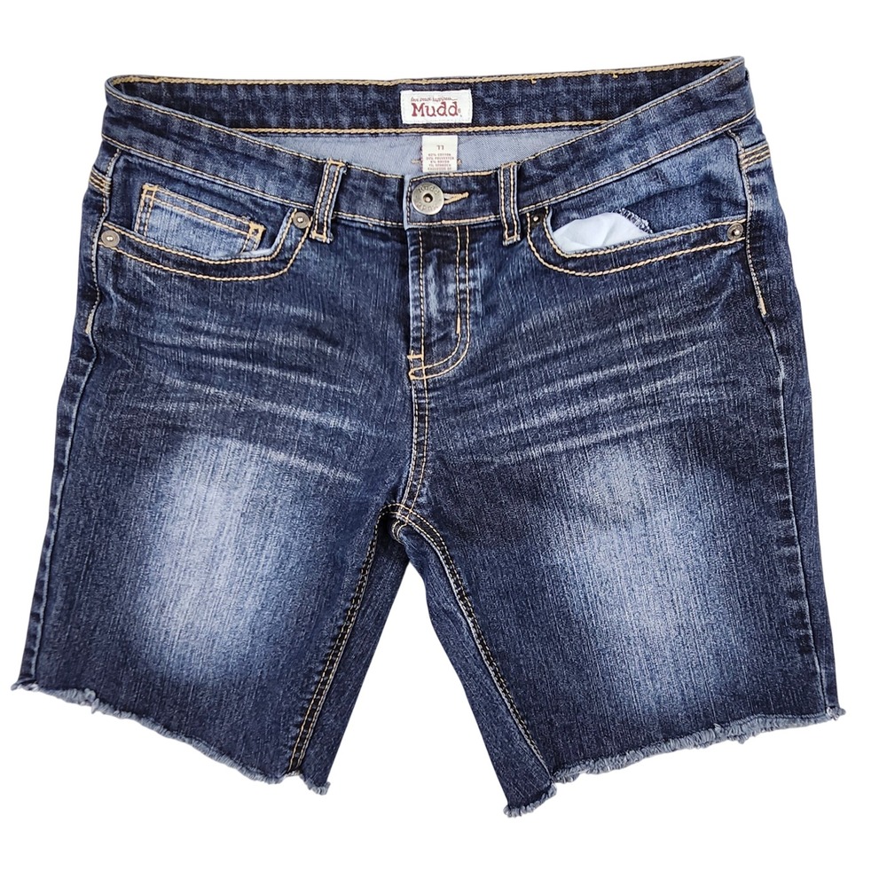 Mudd Denim Shorts Womens 11 Blue‎ Raw Hem Whiskering Mid Rise Stretch Cut Offs